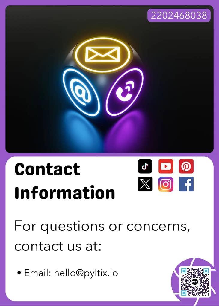 Terms and Conditions - Image of a Card with a dice on a black background, displaying Contact Information: For questions or concerns, contact us at: • Email: hello@pyltix.io